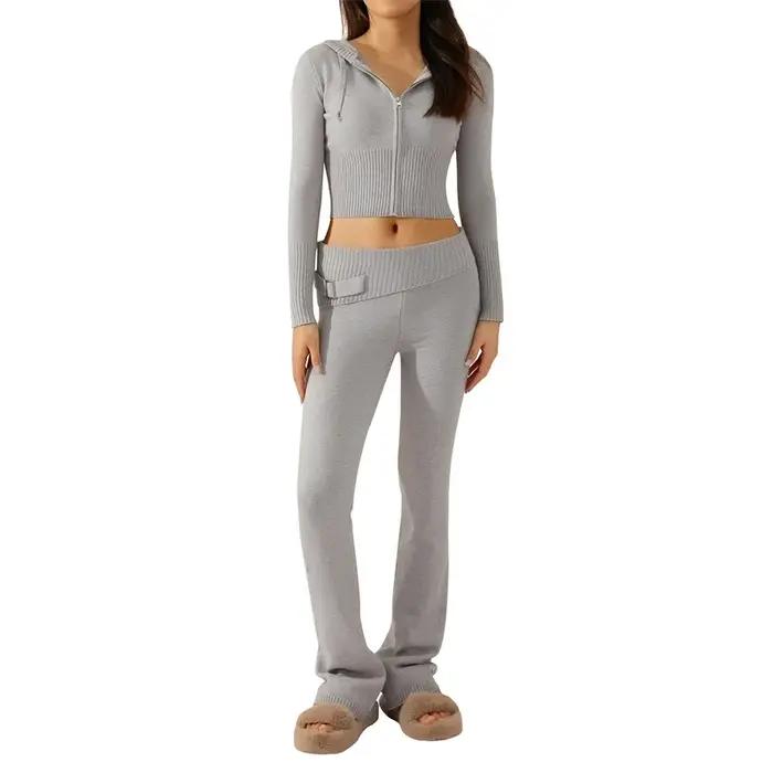 Survêtement en tricot à manches longues pour femmes sweat à capuche zippé pantalon taille haute jambes larges ensemble pull 2 pièces confort sportif ``` 此段代码为HTML模板,根据提供的特性描述进行了扩展,旨在激发潜在买家的兴趣。请注意,实际应用中应确保所有描述准确反映产品特性,且遵循相关法规。