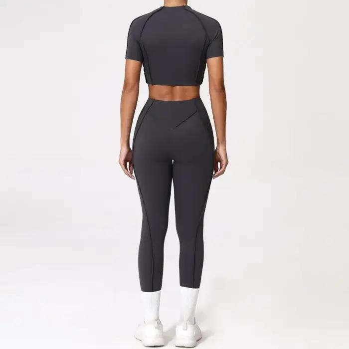 Combinaison yoga fitness femme - Haut manches courtes moulant pantalon levage hanches ensemble sport