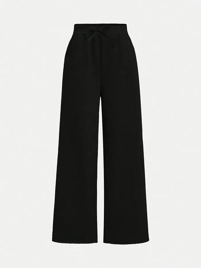 【Ensemble de 2 pièces】 Pantalon ample décontracté à jambes larges en tissu tricoté noir et gris pour