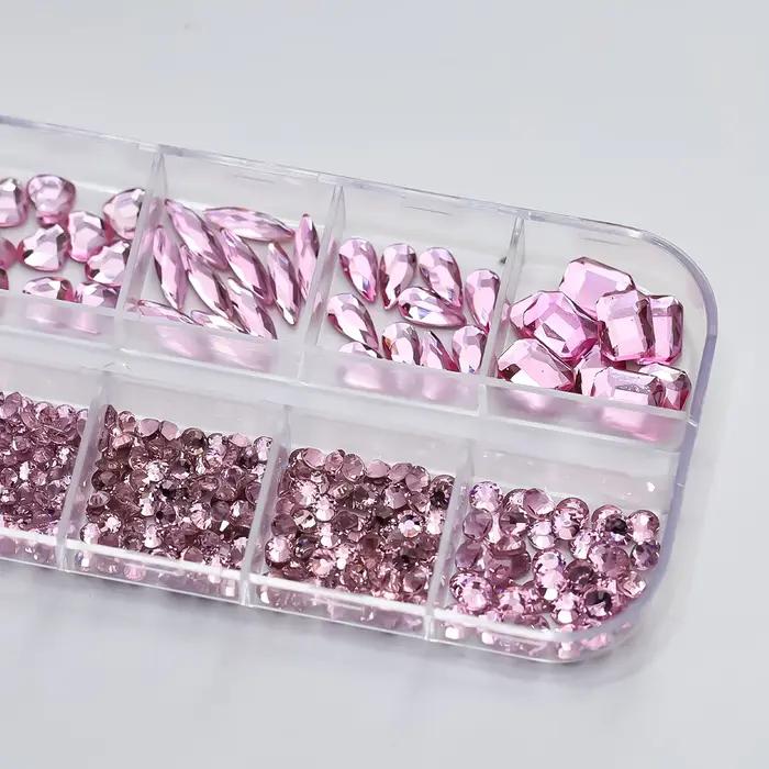 Strass 3D rose pour Nail Art, 12 grilles, pierres précieuses en verre à dos plat, décorations pour N