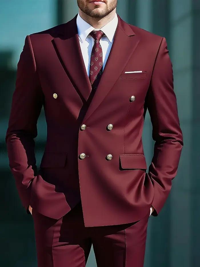 Costume Homme 2 Pièces 2026 Business Sans Repassage Double Boutonnage Boutons Dorés Tendance Rétro C