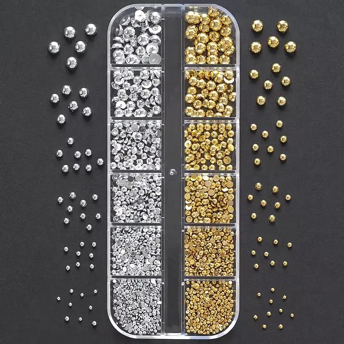 1 boîte de strass demi-ronds à dos plat pour ongles, multi-tailles, perles métalliques or et argent,