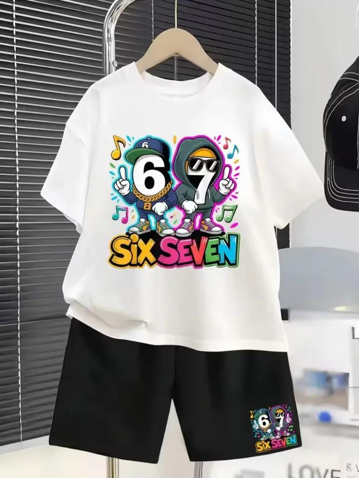 Nouvel ensemble cool 2026 de t-shirt et short pour enfants avec 67 motifs amusants – Vêtements décon