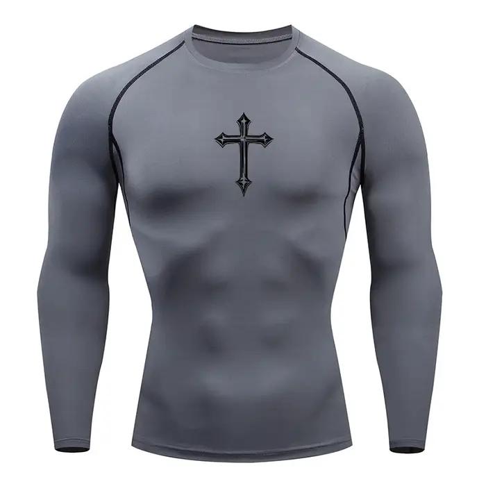 Chemise de compression à imprimé croisé pour hommes, t-shirt athlétique chrétien, hauts d'entraîneme