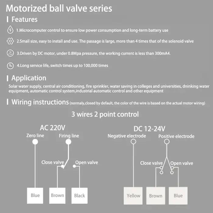 Vanne à bille motorisée en laiton, actionneur électrique à 3 fils et deux commandes, AC220V, 3 voies