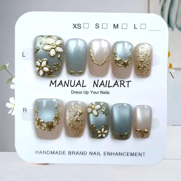 10 pièces fleur dorée oeil de chat lumière luxe Design 3D presse sur les ongles tempérament montrant
