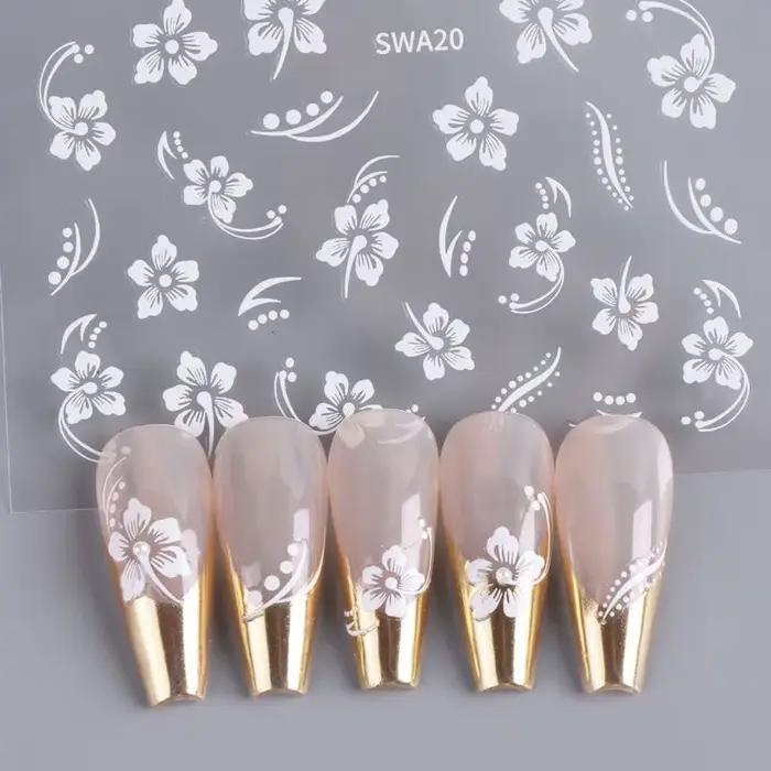 Autocollant en relief pour ongles, fleur d'hibiscus 5D, acrylique, rose, blanc, feuille de pétale d'