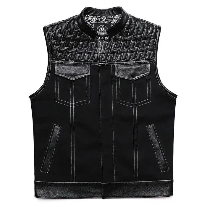 SOA-Gilet de motard en cuir de vachette pour homme, veste en cuir de moto, veste en jean patchwork,