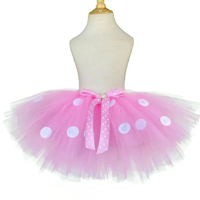 Jupes Tutu de dessin animé rose pour filles, jupes de Ballet en Tulle avec pois blancs et nœud de ch