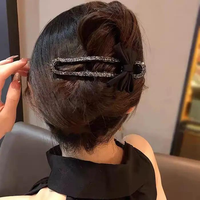Pince à bec de canard en strass, classique, nœud noir, épingle à cheveux pratique, polyvalente, mode