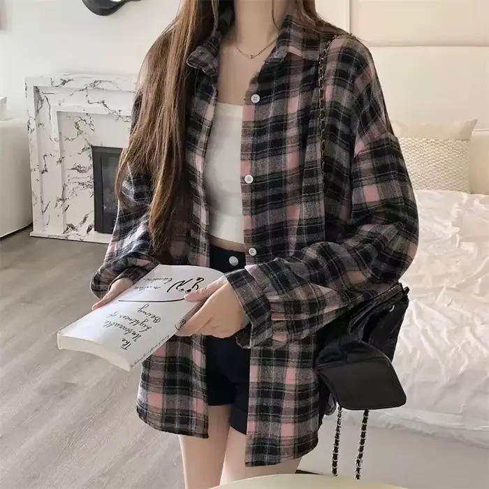Chemise Tartan à manches longues pour femmes, col boutonné, surdimensionnée, à carreaux, veste Grung