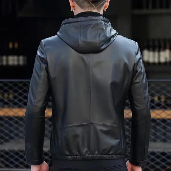 Veste en cuir véritable pour hommes, manteau court en peau de mouton avec capuche, vêtements décontr