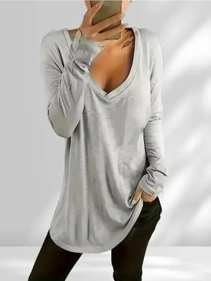 Tshirt Uni Col en V pour Femmes Grandes Tailles Mode Simple Manches Longues Activités Physiques Occasions Spéciales