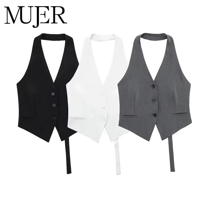 MUJER épaules dénudées gilet sans manches femmes noir blanc recadrée gilet femme mode dos nu col en