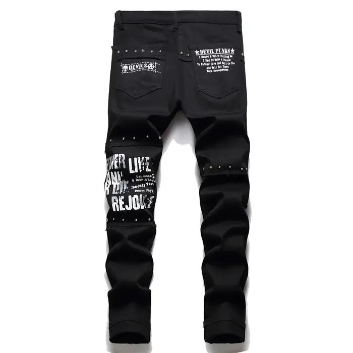 Jean Patchwork Tartan écossais pour hommes, pantalon en Denim noir, Punk avec Rivet, lettres imprimé