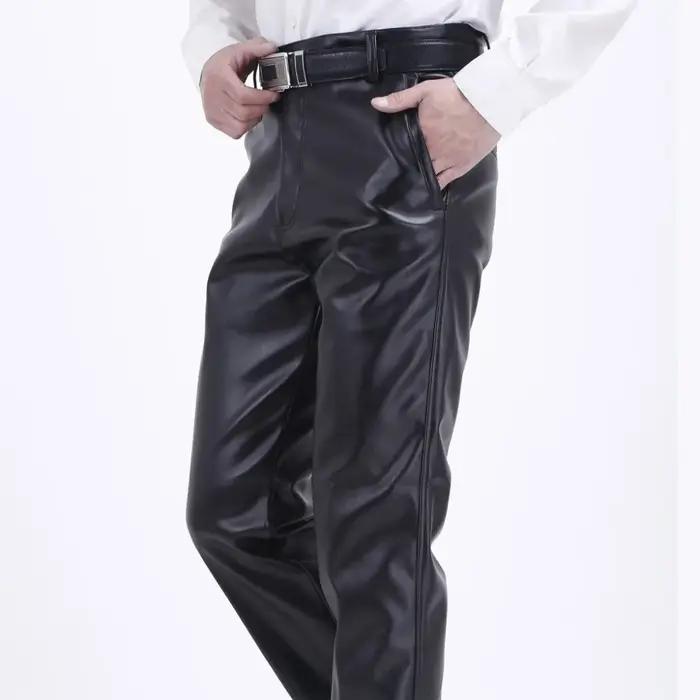 Pantalon en cuir pour hommes coupe droite élastique pantalon en cuir PU pantalon de moto mince