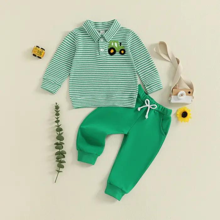 Ensemble de tenues pour bébé garçon à manches longues avec revers camion brodé et hauts rayés pantalons pour occasions spéciales et tous les jours