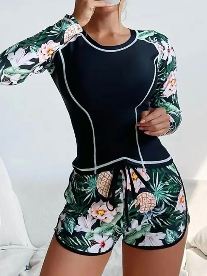 Maillot de Bain Surf Manches Longues Femme Imprimé Tendance Deux Pièces Plongée Plage Occasions Spéciales