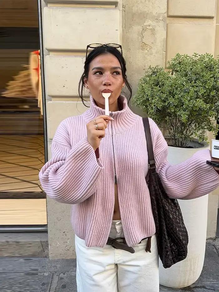 Cardigan décontracté en maille rayée pour femme, avec double fermeture éclair, manches longues, col