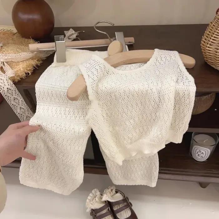 Ensemble de vêtements d'été pour filles, tricoté fin coréen, gilet ajouré et respirant + pantalon à