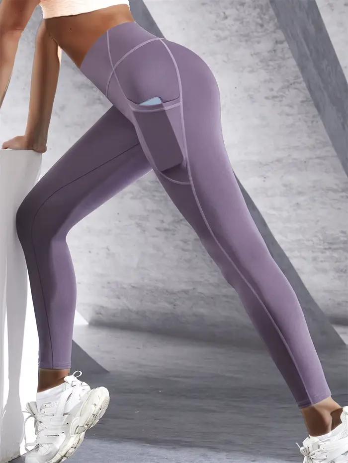 Leggings à poches latérales de couleur unie pour femmes, vêtements de sport taille haute, pantalons