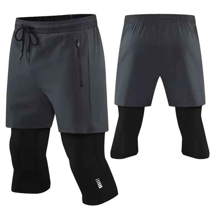 Pantalon court sport serré 2 en 1 homme - Élastique compression séchage rapide été 2024
