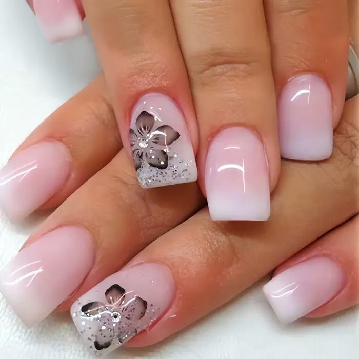 24 pièces fée fleur blanche faux ongles rose pointe française presse sur ongles court carré portable