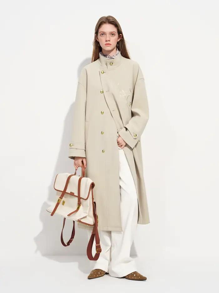 Manteau long kaki FSLE brodé de style chinois à col montant classique pour femme, collection Printem