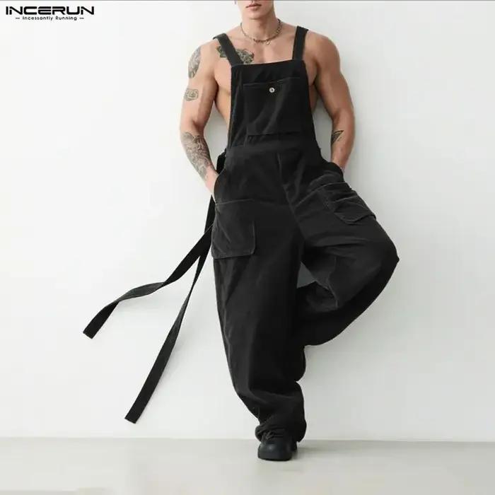 INCERUN Combinaisons pour hommes, couleur unie, style jogger, en velours côtelé, amples, décontracté