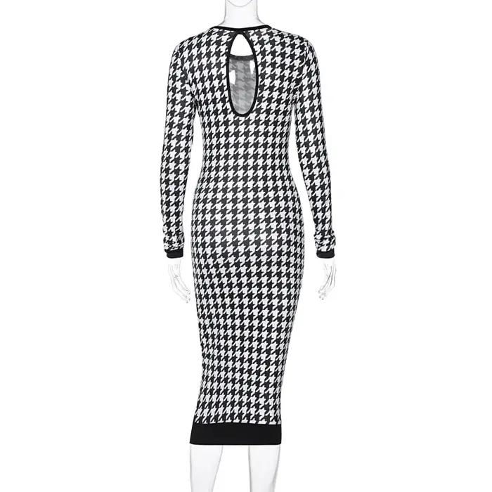 Robe mi-longue imprimée pied-de-poule pour femmes, manches longues, ajourée, moulante, Sexy, Streetw