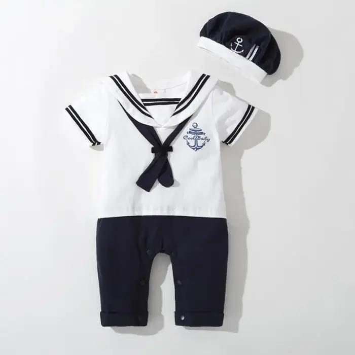 Barboteuse d'été pour bébés garçons et filles, combinaison de marin, chapeau, 2 pièces, Body manches