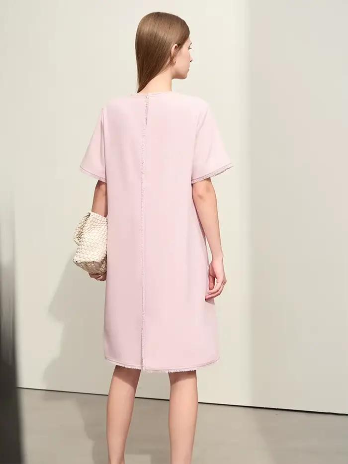 Amii-Robe mi-longue droite à manches courtes pour femmes, robes minimalistes, pompon épissé, léger,