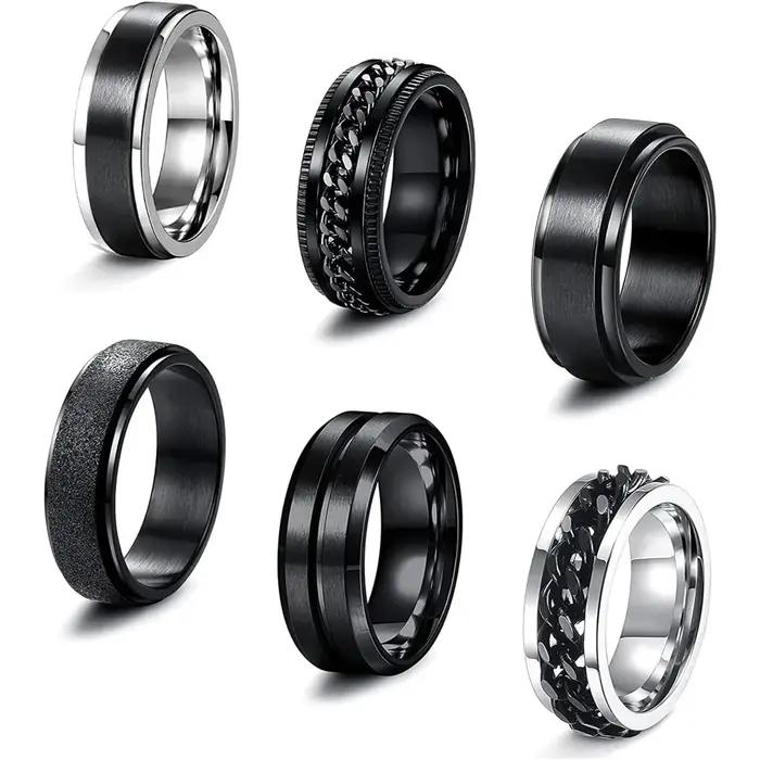 Bobisty 6 pièces anneaux Spinner noirs pour hommes femmes en acier inoxydable Fidget anxiété anti-St