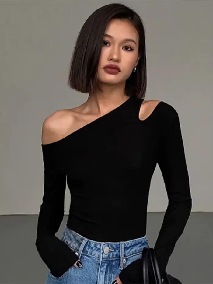 Mode col incliné épaules dénudées à manches longues T-shirts femmes printemps nouveau solide coupe a