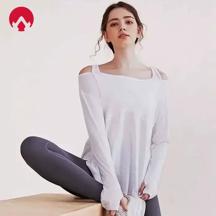 Chemises de Yoga à manches longues pour femmes t-shirt de sport ample haut court haut de sport femme