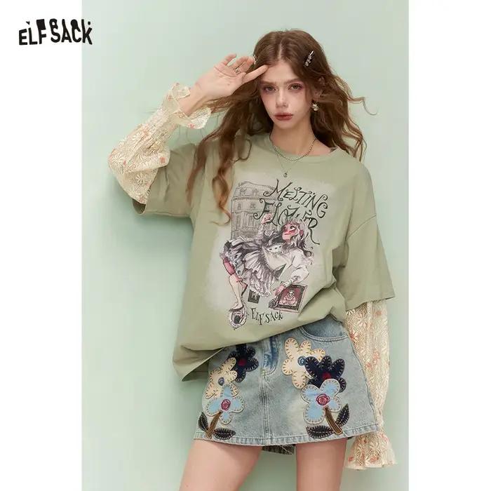 ELFSACK T-shirt faux deux pièces pour femme, haut à manches longues en dentelle avec ourlet à volant
