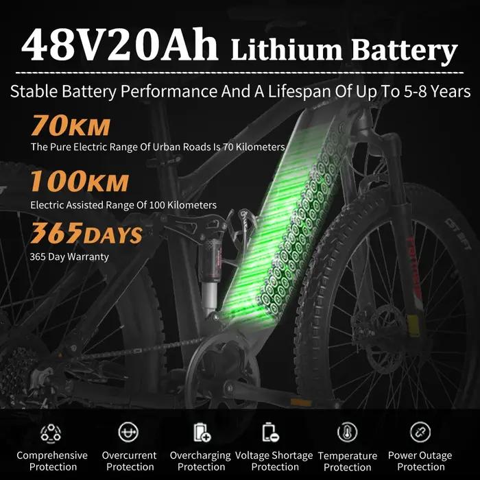 Vélo électrique 1000W 27,5 pouces longue portée pour adultes randonnées montagne et ville polyvalent robuste et puissant