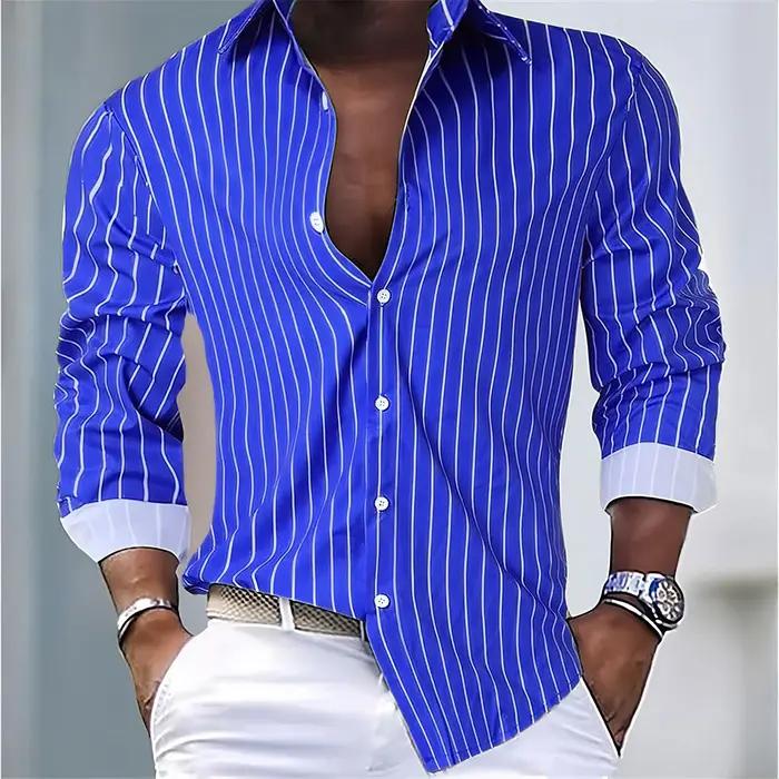 Chemise ample à rayures pour hommes, 16 couleurs, décontractée, respirante, bouton à revers, manches