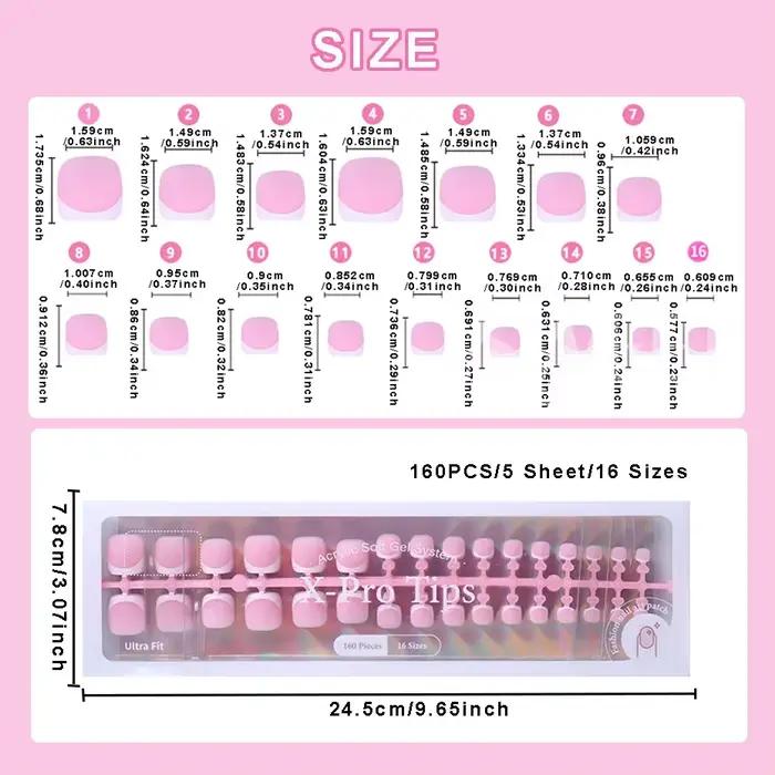 160 pièces faux ongles des orteils rose français court carré couverture complète naturel artificiel
