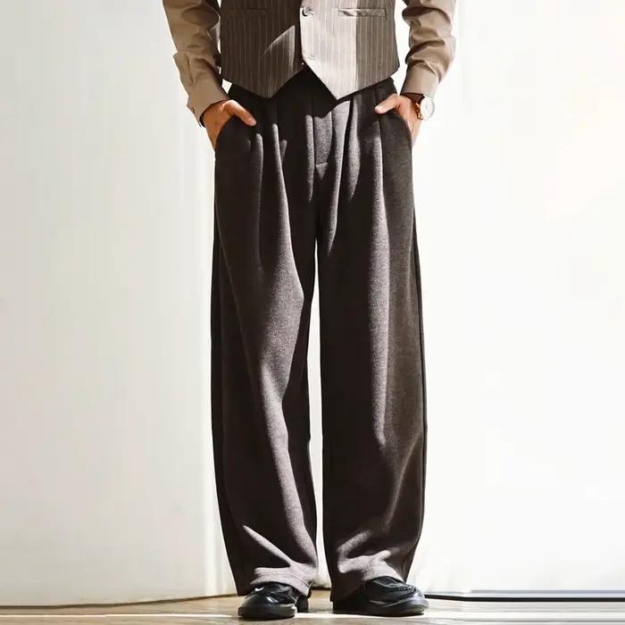 Pantalon à jambes larges pour hommes, 100% laine mérinos, chaud, doux, couleur unie, automne hiver,