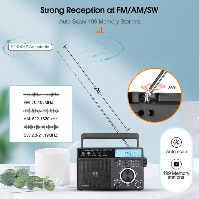 Retekess TR629 Radio Portable AM FM SW Multibande Radio à ondes courtes stéréo Mp3 haut-parleur batt
