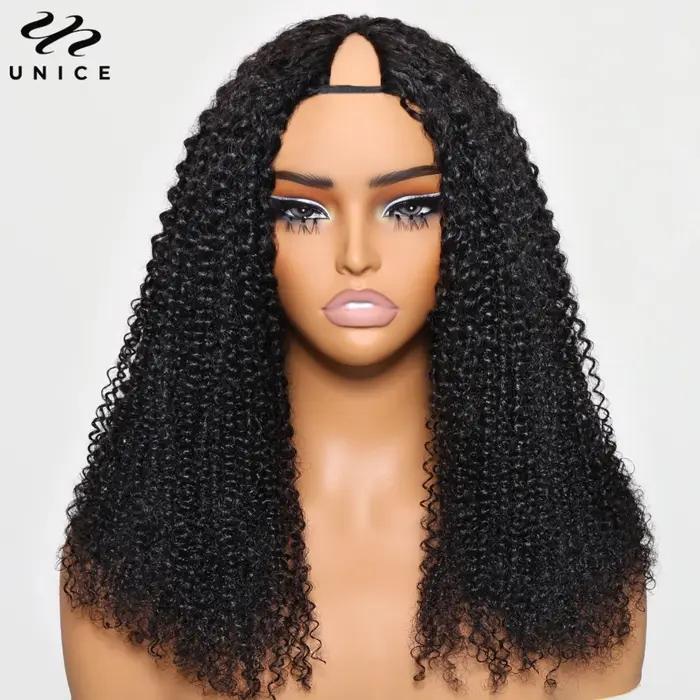 UNice crépus bouclés V partie perruque avec cordon 100% perruques de cheveux humains débutant adapté