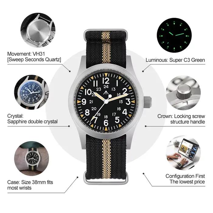 Militado ML05 montre Vintage VH31 balayage deuxième mouvement dôme cristal saphir avec revêtement AR