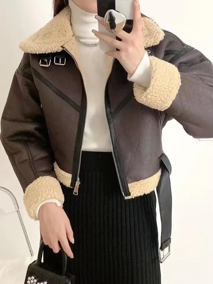 Ailegogo hiver femmes Streetwear fausse fourrure d'agneau veste courte avec ceinture Moto Biker épai