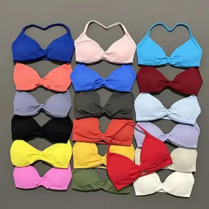 Soutien-gorge de sport push-up sexy à bretelles et dos ouvert, haut court de gym avec coussinets amo