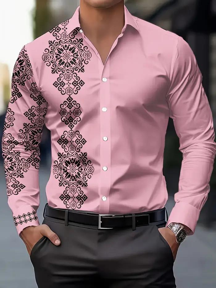 Chemise à manches longues pour hommes, imprimé géométrique, en Polyester respirant, décontracté, rev