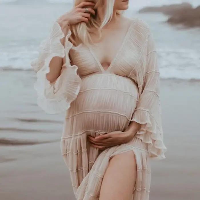 Robe bohème en mousseline de soie plissée à manches longues pour femmes enceintes, robes d'alter pou