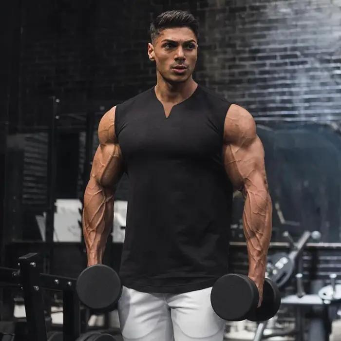 Débardeur d'été en coton respirant à col en v pour hommes, chemise sans manches pour entraînement, c