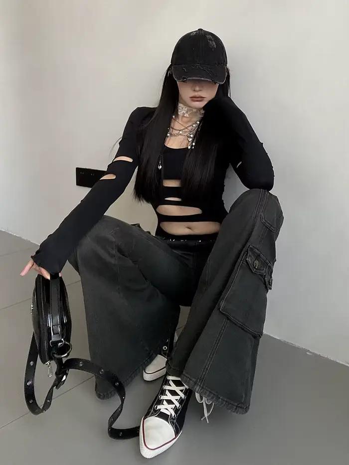 REDDACHiC Acubi mode noir Flare jean rétro moustaches maigre Stretch taille basse poches Cargo panta