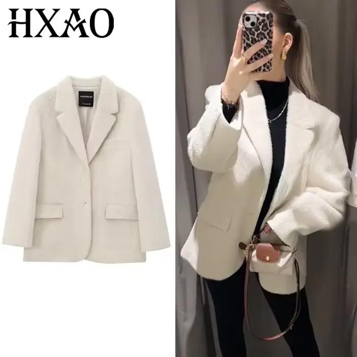 HXAO 2025 femmes Blazer fausse fourrure manteaux vêtements d'extérieur femme printemps vestes blanc